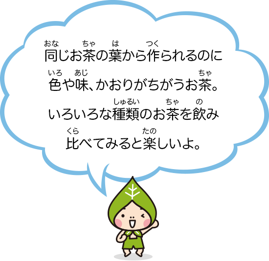 同じお茶の葉から作られるのに色や味、かおりがちがうお茶。いろいろな種類のお茶を飲み比べてみると楽しいよ。