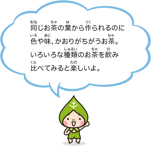 同じお茶の葉から作られるのに色や味、かおりがちがうお茶。いろいろな種類のお茶を飲み比べてみると楽しいよ。