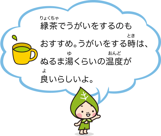 緑茶でうがいをするのもおすすめ。うがいをする時は、ぬるま湯くらいの温度が良いらしいよ。